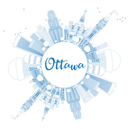 Outline Ottawa Skyline with Blue Buildings and Copy Space. Illustration. Business travel and tourism concept with modern buildings. Image for presentation,  placard and web site.のイラスト素材