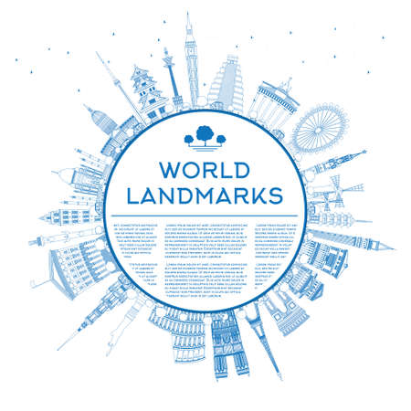 Outline travel concept around the world with famous international landmarks. illustration with copy space. Business or tourism travel concept with place for text. Illustration for placardのイラスト素材
