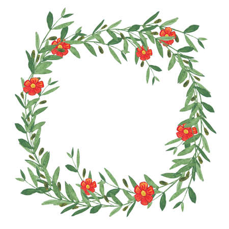 Watercolor olive wreath with red flower. Isolated illustration on white background. Organic and natural concept.の写真素材