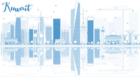 Outline Kuwait City Skyline with Blue Buildings and Reflections. Vector Illustration. Business Travel and Tourism Concept with Modern Buildings. Image for Presentation Banner Placard and Web.のイラスト素材