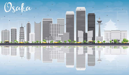 Osaka Skyline with Gray Buildings, Blue Sky and Reflections. Vector Illustration. Business and Tourism Concept with Modern Buildings. Image for Presentation, Banner, Placard or Web Site.のイラスト素材