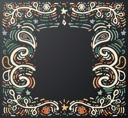 Hand drawn vintage print with decorative ornament and copy space. Vintage background. Vector illustration. Isolated on blackのイラスト素材