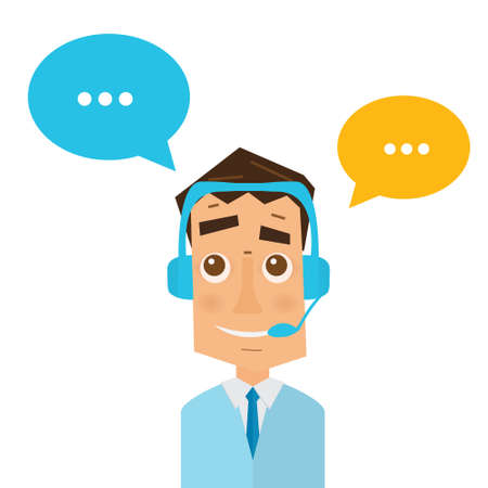 Man with headsets and colorful speech bubbles in call center. Business concept of client service and communication. Online support. 24 hour customer support center.のイラスト素材