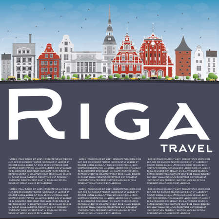 Riga Skyline with Landmarks, Blue Sky and Copy Space. Vector Illustration. Business Travel and Tourism Concept with Historic Buildings. Image for Presentation Banner Placard and Web Site.のイラスト素材