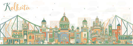 Abstract Kolkata Skyline with Color Landmarks. Vector Illustration. Business Travel and Tourism Concept with Historic Buildings. Image for Presentation Banner Placard and Web Site.のイラスト素材