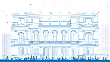 Outline Landscape with school bus, school building and people. Vector illustration. Education concept with part of city life.のイラスト素材