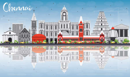 Chennai Skyline with Gray Landmarks, Blue Sky and Reflections. Vector Illustration. Business Travel and Tourism Concept with Historic Buildings. Image for Presentation Banner Placard and Web Site.のイラスト素材