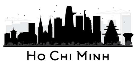Ho Chi Minh City skyline black and white silhouette. Vector illustration. Simple flat concept for tourism presentation, banner, placard or web site. Business travel concept. Isolated Ho Chi Minhのイラスト素材