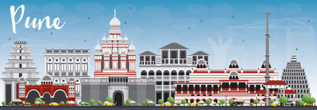 Pune Skyline with Color Buildings and Blue Sky. Vector Illustration. Business Travel and Tourism Concept with Historic Buildings. Image for Presentation Banner Placard and Web Site.のイラスト素材