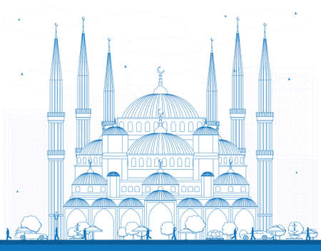 Outline Blue Mosque in Istanbul Turkey. Vector Illustration. Business Travel and Tourism Concept with Historic Building. Image for Presentation Banner Placard and Web Site.のイラスト素材