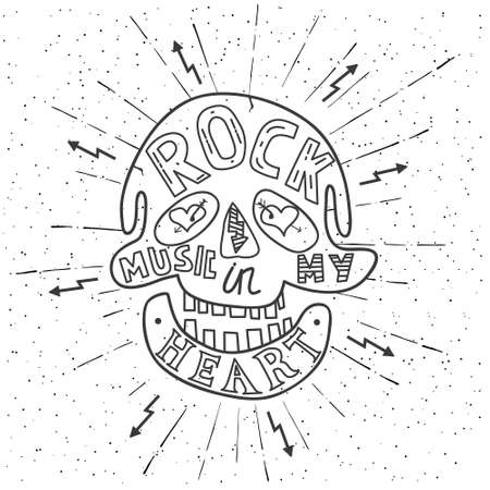 Rock music in my heart. Hand drawn lettering design with skull. Typography concept for t-shirt design or web site. Vector illustration.のイラスト素材