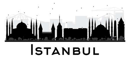 Istanbul City skyline black and white silhouette. Vector illustration. Simple flat concept for tourism presentation, banner, placard or web site. Business travel concept. Cityscape with landmarksのイラスト素材