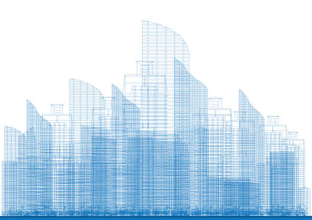 Outline City Skyscrapers in Blue Color. Vector Illustration. Business and Tourism Concept for Presentation, Placard, Banner or Web Site.のイラスト素材