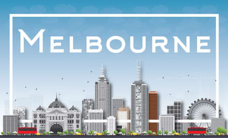 Melbourne Skyline with Gray Buildings and White Frame. Vector Illustration. Business Travel and Tourism Concept with Modern Buildings. Image for Presentation Banner Placard and Web Site.のイラスト素材