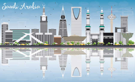 Saudi Arabia Skyline with Landmarks, Blue Sky and Reflections. Vector Illustration. Business Travel and Tourism Concept. Image for Presentation Banner Placard and Web Site.のイラスト素材