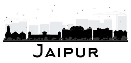 Jaipur City skyline black and white silhouette. Vector illustration. Simple flat concept for tourism presentation, banner, placard or web site. Business travel concept. Cityscape with landmarksのイラスト素材