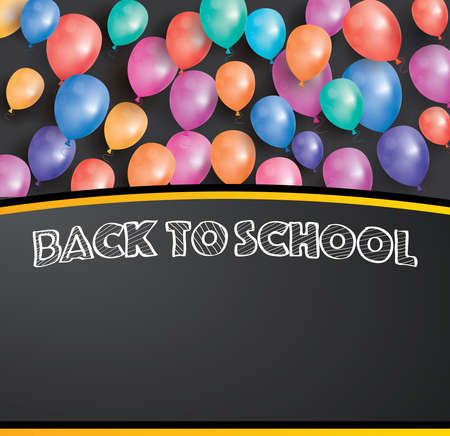 Back to school card with flying balloons and copy space. Vector illustration. Poster with black chalk board.のイラスト素材