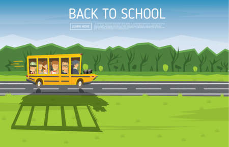 Back to School. Vector Illustration. Yellow Racing School Bus in Cartoon Style with Pupils and Copy...