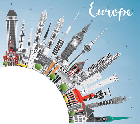 Europe skyline silhouette with different landmarks and copy space. Vector illustration. Business travel and tourism concept with place for text. Image for presentation, banner, placard and web site.のイラスト素材
