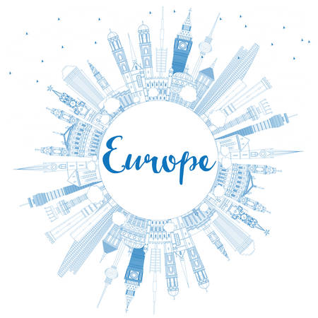 Outline Europe skyline silhouette with blue landmarks and copy space. Vector illustration. Business travel and tourism concept with place for text. Image for presentation, banner, placard and web site.のイラスト素材