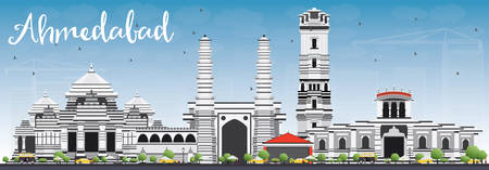 Ahmedabad Skyline with Gray Buildings and Blue Sky. Vector Illustration. Business Travel and Tourism Concept with Historic Buildings. Image for Presentation Banner Placard and Web Site.のイラスト素材