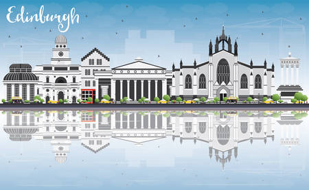 Edinburgh Skyline with Gray Buildings, Blue Sky and Reflections. Vector Illustration. Business Travel and Tourism Concept with Historic Buildings. Image for Presentation Banner Placard and Web Site.のイラスト素材