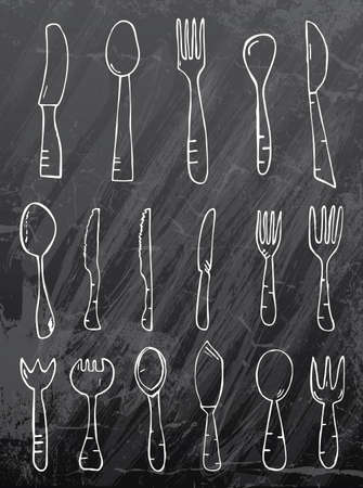 Spoon knife fork on black chalk board. Hand drawn isolated objects. Sketch. Vector illustration.のイラスト素材