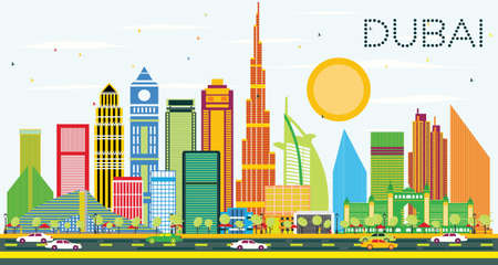 Dubai Skyline with Color Buildings and Blue Sky. Vector Illustration. Business Travel and Tourism Concept with Dubai Modern Buildings. Image for Presentation and Banner.のイラスト素材