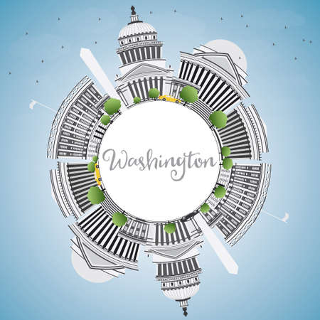Washington DC Skyline with Gray Buildings and Copy Space. Vector Illustration. Business Travel and Tourism Concept with Historic Architecture. Image for Presentation Banner Placard and Web Site.のイラスト素材