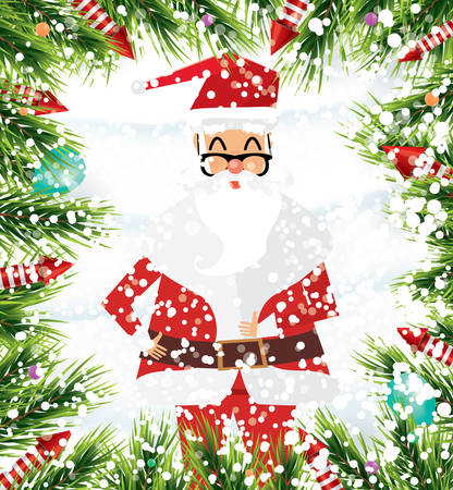 Santa Claus. Christmas background with fir branches, balloon, snow and rocket. Vector illustration.のイラスト素材