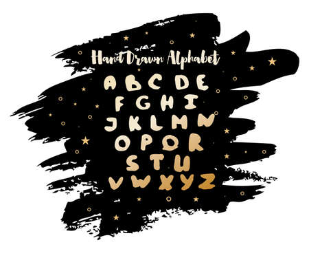 English Handwritten Alphabet with Watercolor Stain and Stars on Background. Vector Illustration. Handmade Letters.のイラスト素材