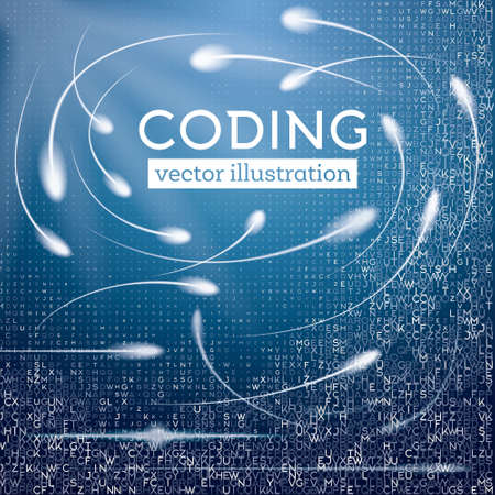 Abstract Blue Technology Background with Different Letters and Neon Lines. Hacker concept. Big Data Visualization. Vector Illustration.のイラスト素材
