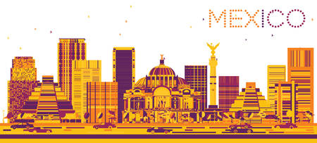 Mexico Skyline with Color Buildings. Vector Illustration. Business Travel and Tourism Concept with Modern Architecture. Image for Presentation and Banner.のイラスト素材