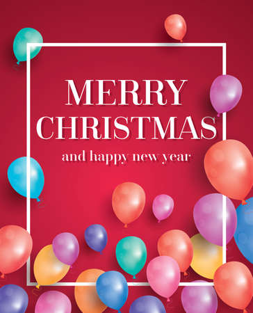 Merry christmas card with flying balloons and white frame. Vector illustration.のイラスト素材