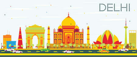 Delhi Skyline with Color Buildings and Blue Sky. Vector Illustration. Business Travel and Tourism Concept with Historic Architecture. Image for Presentation, Banner, Placard.のイラスト素材