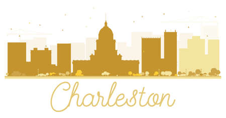Charleston City skyline golden silhouette. Vector illustration. Simple flat concept for tourism presentation, banner, placard or web site. Business travel concept. Cityscape with landmarks.のイラスト素材