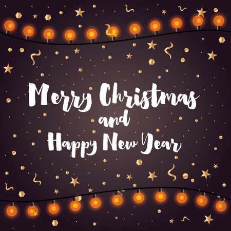 Merry Christmas and Happy New Year. Greeting Card with Neon Garland and Confetti. Vector Illustration.のイラスト素材