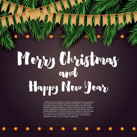 Merry Christmas and Happy New Year. Greeting Card with Fir Branches, Neon Garland and Golden Flags. Vector Illustration.のイラスト素材