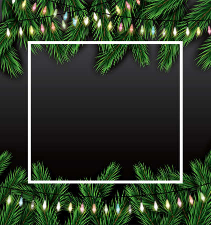 Christmas Card with Fir Branches, Neon Garland and White Frame. Vector Illustration.のイラスト素材