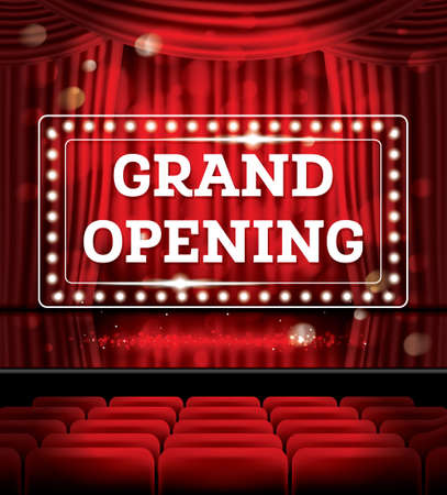 Grand Opening. Open Red Curtains with Neon Lights. Vector Illustration. Theater, Opera or Cinema Scene.のイラスト素材