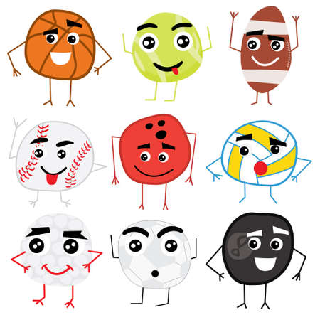 Set of Cute Cartoon Balls Characters. Basketball, tennis, american football, baseball, bowling, volleyball, golf, soccer and billiard. Vector Illustration.のイラスト素材