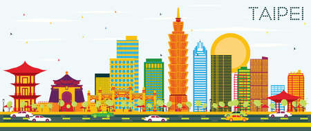 Taipei Skyline with Color Buildings and Blue Sky. Vector Illustration. Business Travel and Tourism Concept. Image for Presentation Banner Placard and Web Site.のイラスト素材