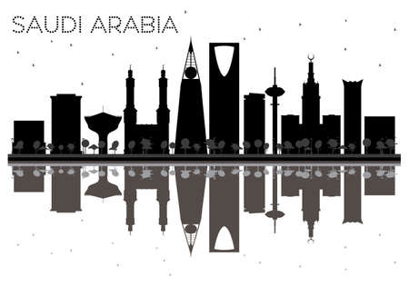 Saudi Arabia skyline black and white silhouette with reflections. illustration. Simple flat concept for tourism presentation, banner, placard or web site. Cityscape with landmarks.のイラスト素材