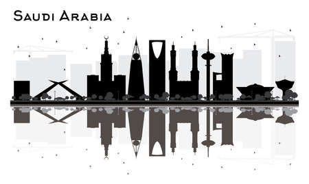 Saudi Arabia skyline black and white silhouette with reflections. illustration. Simple flat concept for tourism presentation, banner, placard or web site. Cityscape with landmarks.のイラスト素材