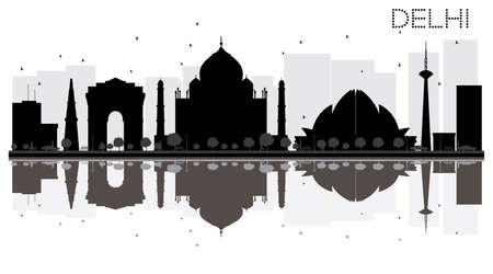 Delhi City skyline black and white silhouette with reflections. Vector illustration. Simple flat concept for tourism presentation, banner, placard or web site. Business travel concept. Cityscape with landmarksのイラスト素材