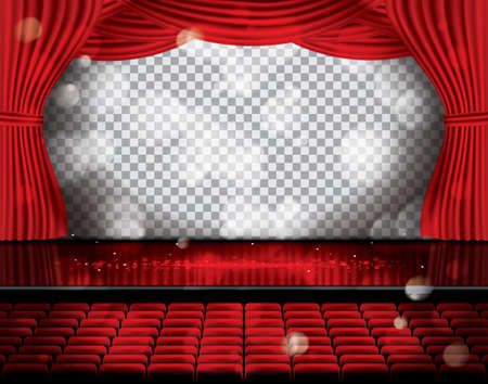 Open red curtain with seats and copy space on transparent grid.のイラスト素材