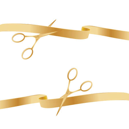 Golden Scissors Cutting Ceremony Ribbons. Vector Illustration.のイラスト素材