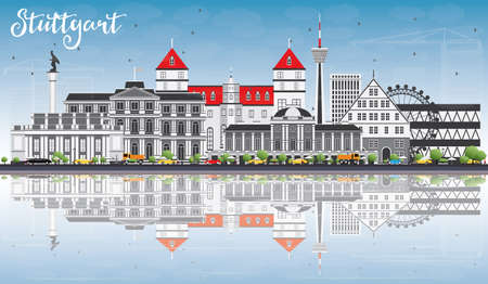 Stuttgart Skyline with Gray Buildings, Blue Sky and Reflections. Vector Illustration. Business Travel and Tourism Concept with Historic Architecture. Image for Presentation Banner Placard and Web Site.のイラスト素材