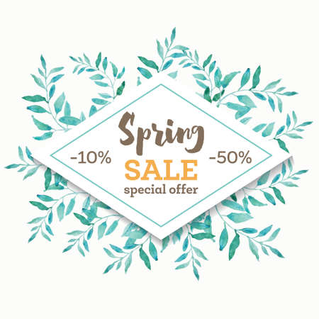 Spring sale background banner with beautiful watercolor leaves. Vector illustration.のイラスト素材