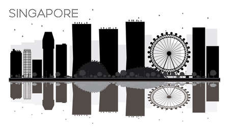 Singapore City skyline black and white silhouette with reflections. Vector illustration. Simple flat concept for tourism presentation, banner, placard or web site. Business travel concept. Cityscape with landmarks.のイラスト素材